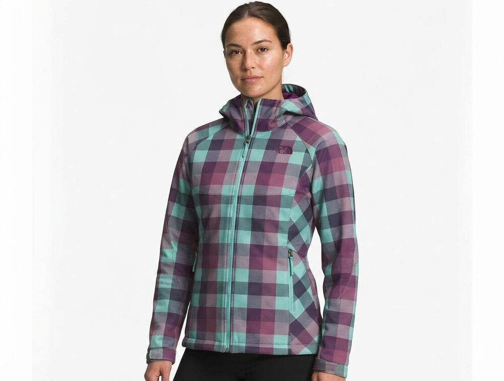 The North Face Women's Softshell Jacket Small Purple Teal Plaid Hooded Full Zip